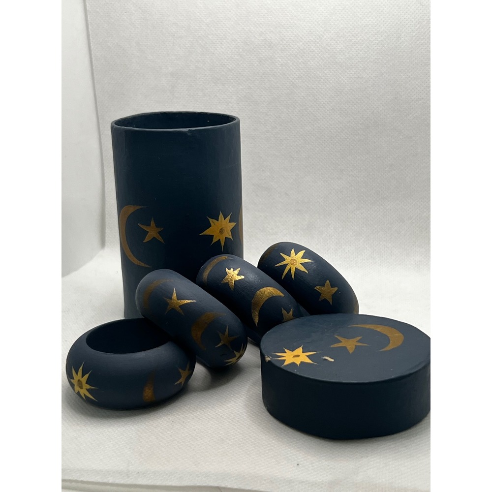 Vintage 90s Celestial Wood Napkin Rings Set 4 Moon Stars Storage Box
